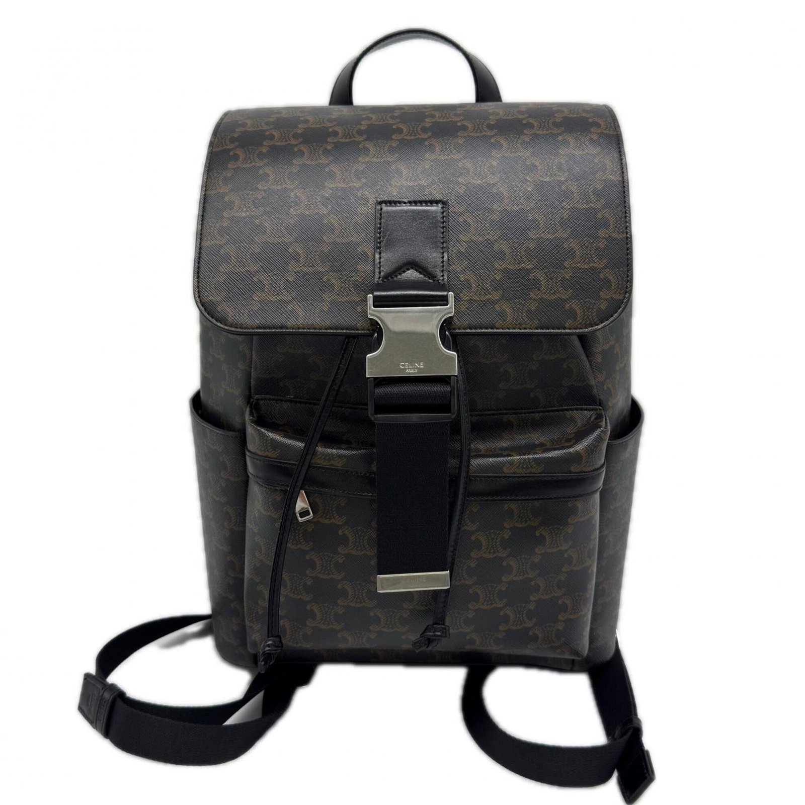 Canvas Leather Backpack Coated Celine: Canvas Leather Backpack Coated Celine Coated canvas and leather blend in this brown Celine backpack, featuring a buckle closure and adjustable straps. The compact design measures 36cm x 27cm x 13.5cm,