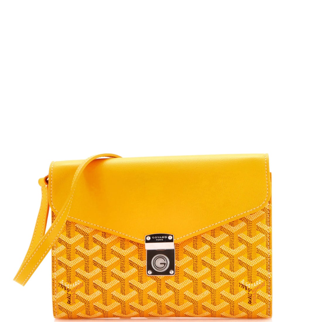Canvas coated leather wallet Goyard on strap: Canvas coated leather wallet Goyard on strap This vibrant orange Goyard canvas coated leather wallet on strap boasts a stylish cross body design. Measuring 6" tall, 8.5" wide, and 1.5" deep, it
