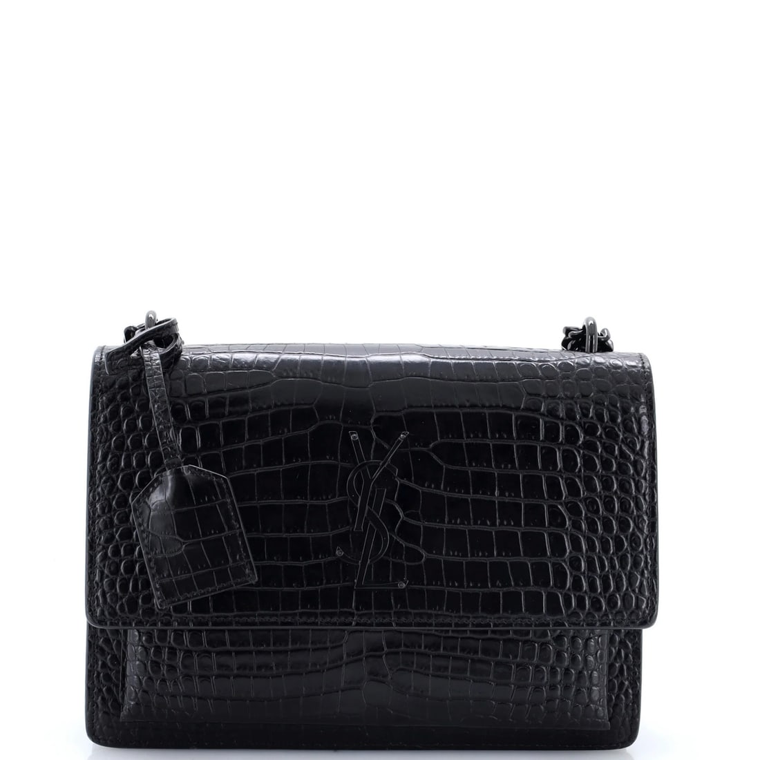 Laurent Saint Crocodile Embossed Leather Medium Crossbody Bag: Laurent Saint Crocodile Embossed Leather Medium Crossbody Bag Black crocodile embossed leather medium crossbody bag with suede interior, featuring scuffs and corner wear on the exterior and splitting