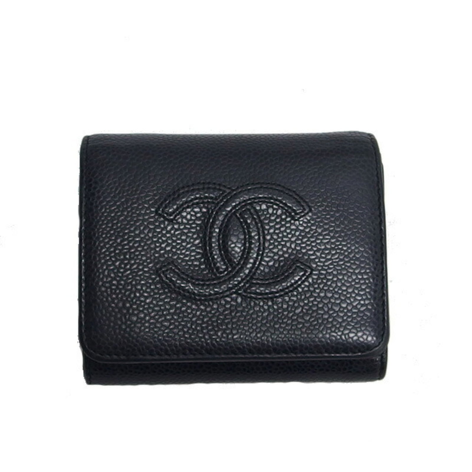 Chanel Wallet (Tri-Fold) Grained Calfskin: Chanel Wallet (Tri-Fold) Grained Calfskin Tri-fold wallet in black grained calfskin, presented in a box and dust bag. This classic design showcases the timeless elegance of Chanel's signature style.