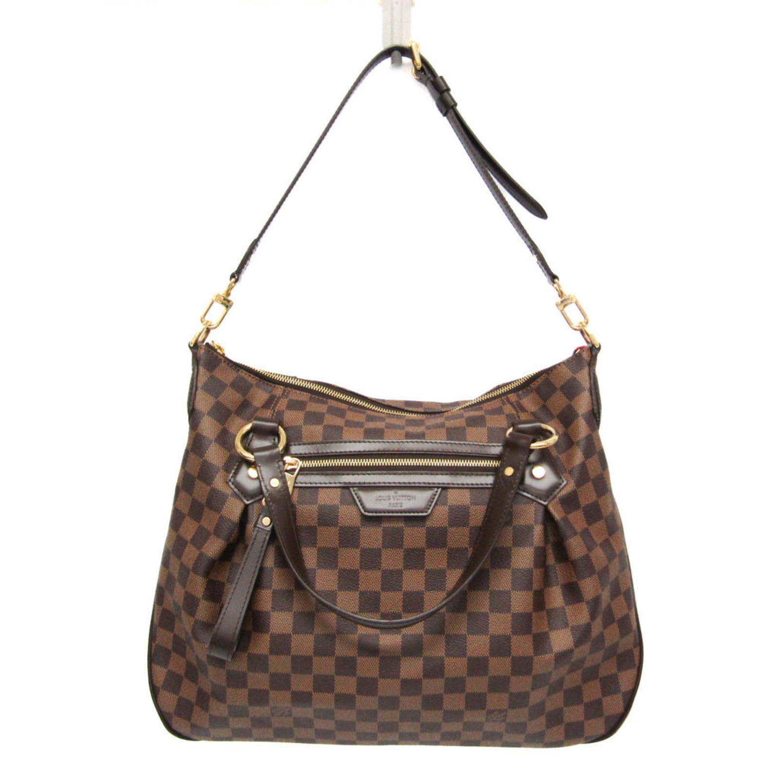 Canvas Damier Handbag Shoulder Vuitton Louis: Canvas Damier Handbag Shoulder Vuitton Louis Damier canvas handbag with Ebene brown color, featuring a zipper closure and open pocket. The bag also boasts two outer pockets, one with a zipper, and a