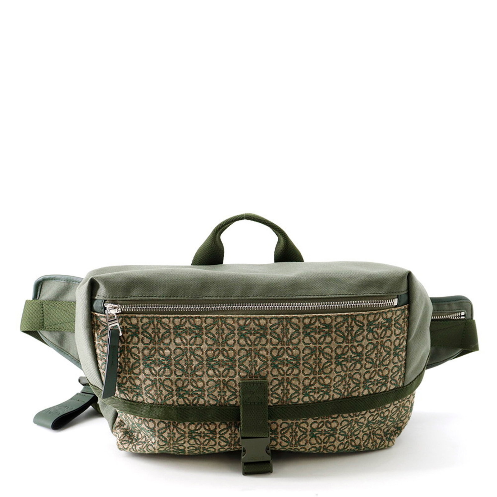 Sling Bag Handbag Canvas Loewe: Sling Bag Handbag Canvas Loewe Canvas Loewe Sling Bag in Green, a stylish and versatile handbag with a silver buckle, measures 20.5cm x 50.5cm x 10cm and weighs 630g. The bag features a removable