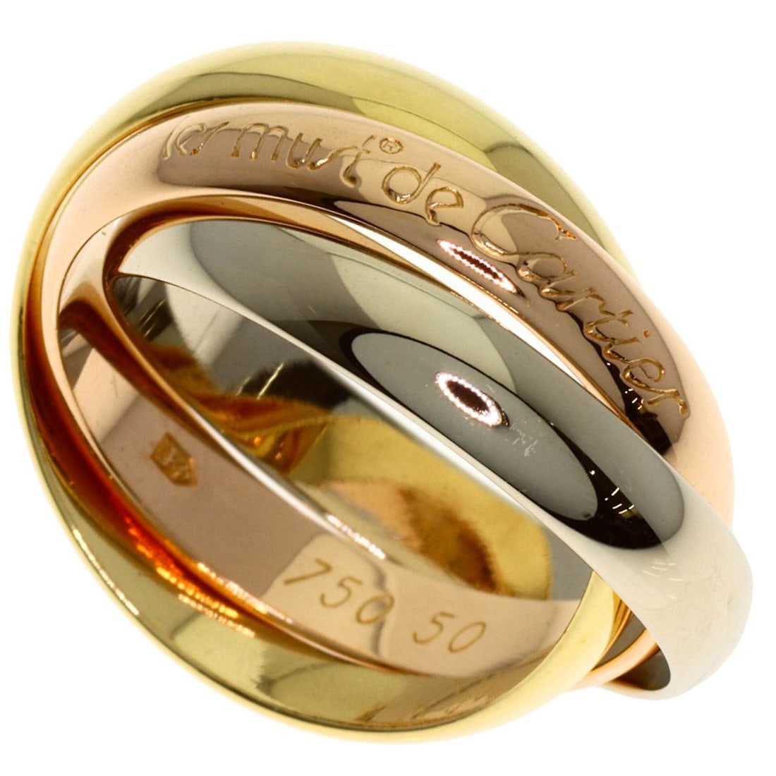 Cartier Trinity #50 Ring 18K K18 Gold Yellow Pink: Cartier Trinity #50 Ring 18K K18 Gold Yellow Pink Cartier Trinity #50 Ring 18K K18 Gold Yellow Pink features a striking gold design with a signature, showcasing the brand's expertise in luxury jewelry