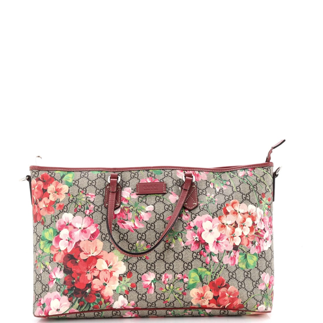 Gucci Convertible Zip Tote Blooms Print GG Coated Canvas Large: Gucci Convertible Zip Tote Blooms Print GG Coated Canvas Large Brown, Pink, Blooms Print GG Coated Canvas Large Convertible Zip Tote measures 10" high, 15.5" wide, and 5" deep, with a 5" drop handle