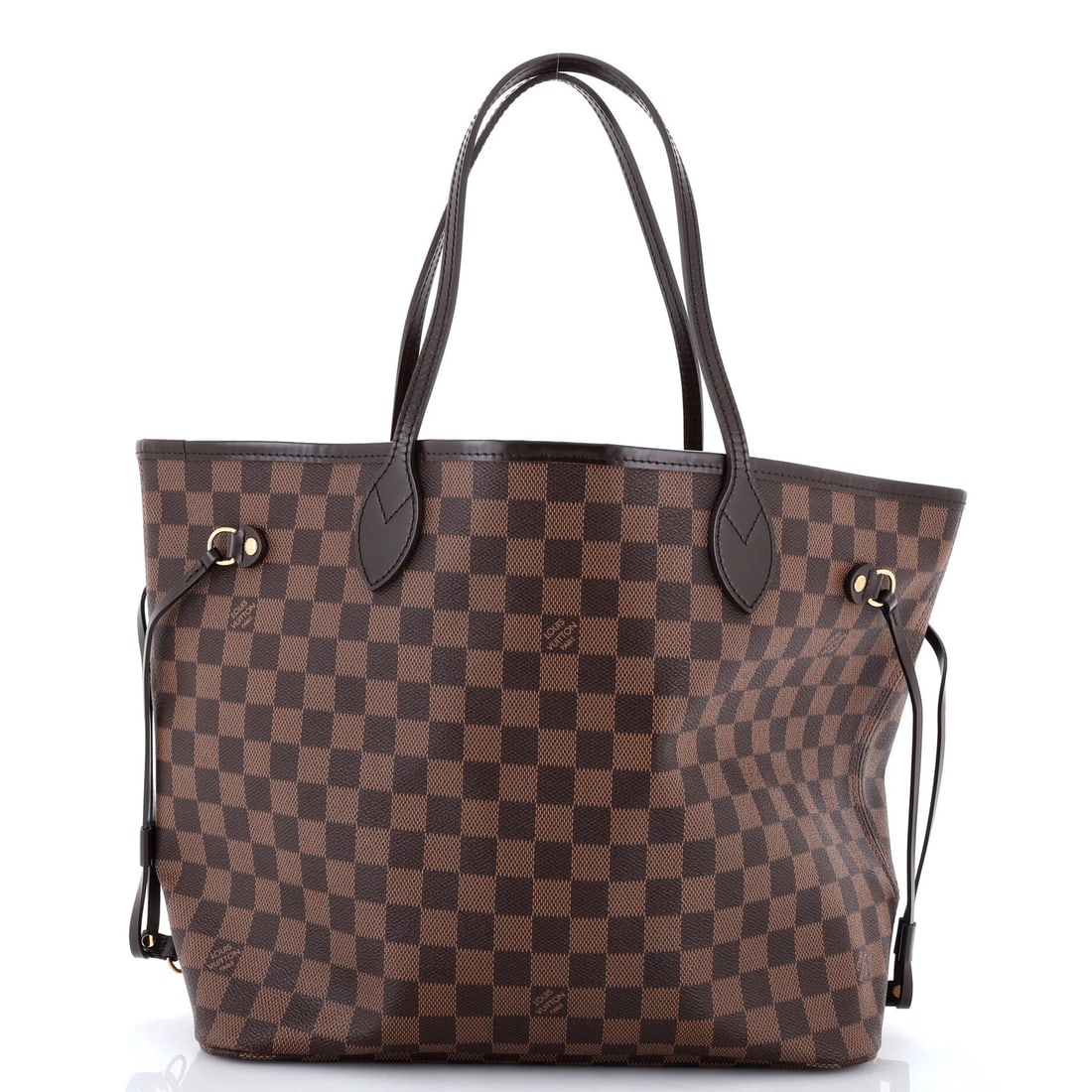 Louis Vuitton Neverfull Damier MM: Louis Vuitton Neverfull Damier MM Brown Louis Vuitton Neverfull Damier MM Tote with Gold Hardware, featuring a classic canvas coated exterior and red interior, measures 11" tall and 13" wide, with 8" 