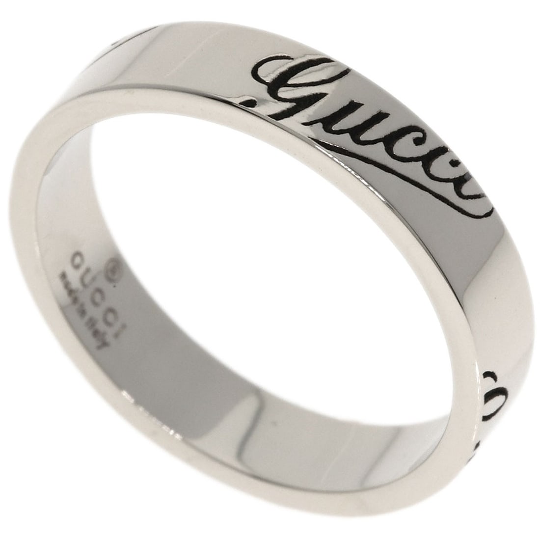 K18 Gold White Gucci Icon Print Ring: K18 Gold White Gucci Icon Print Ring K18 Gold White Gucci Icon Print Ring features a striking silver metal exterior with a K18 gold construction, showcasing the iconic Gucci print. This ring boasts a