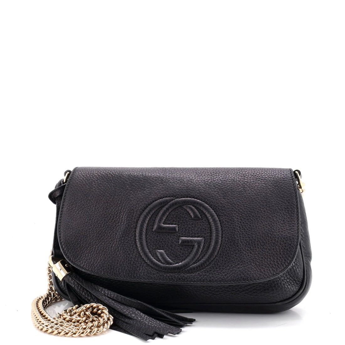 Gucci Medium Leather Chain Crossbody Bag Soho: Gucci Medium Leather Chain Crossbody Bag Soho The Gucci Soho Chain Crossbody Bag Medium Leather features a sleek black exterior with a chain strap and gold-tone hardware, making it a stylish