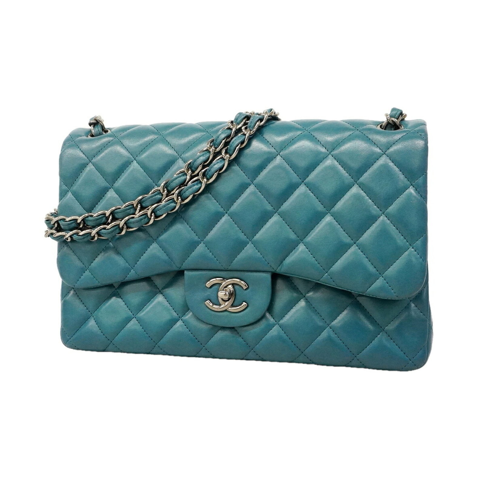 Shoulder Bag Leather Chanel: Shoulder Bag Leather Chanel This stunning shoulder bag is crafted from luxurious lambskin leather, featuring a sleek blue hue and silver hardware. With a compact size of 20cm x 30cm x 9cm, it's