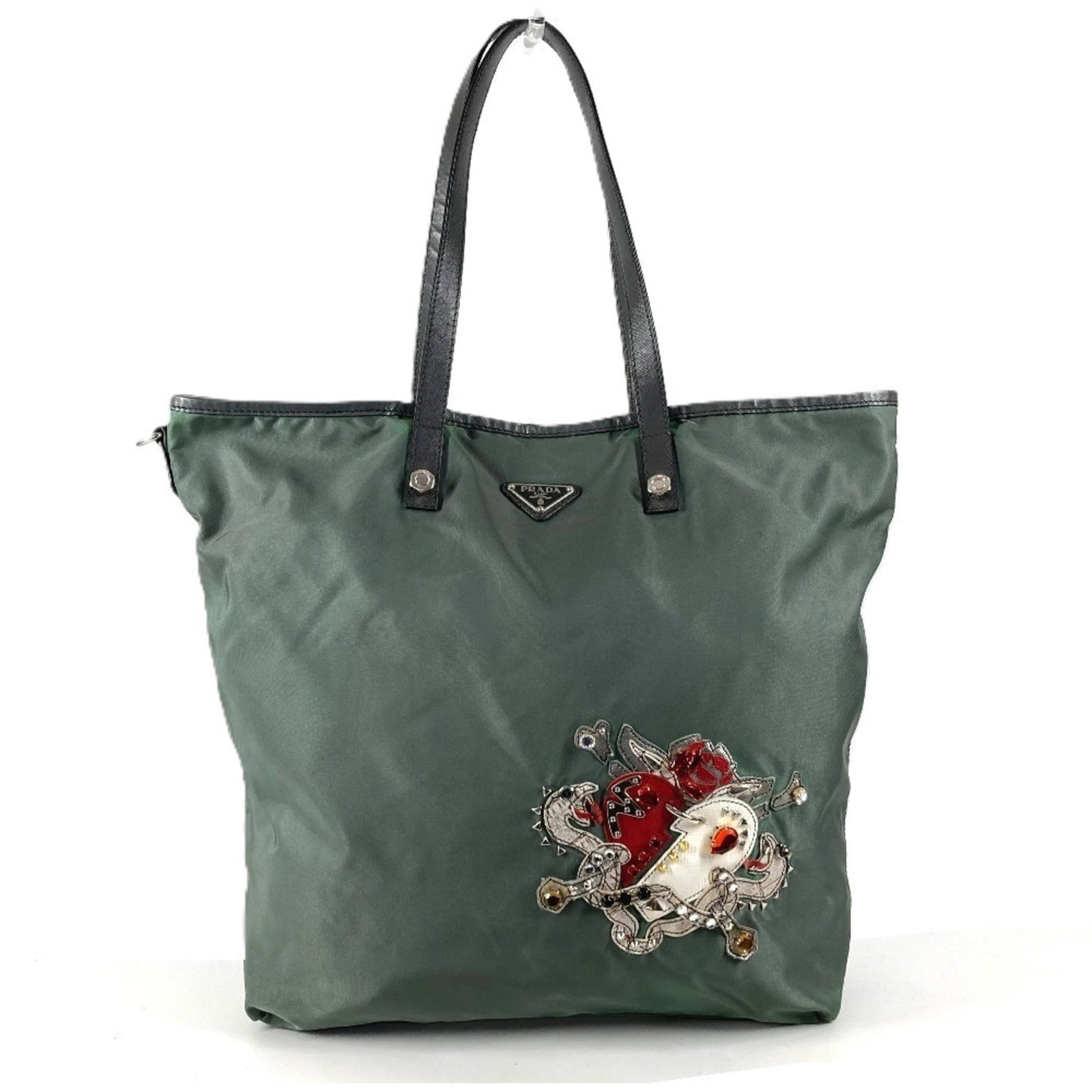 Nylon Leather Tote Prada Shoulder Bag: Nylon Leather Tote Prada Shoulder Bag Nylon leather Prada shoulder bag with a stylish gray color, measuring 37cm x 33.5cm x 11cm. This versatile tote features a combination of nylon and leather materi