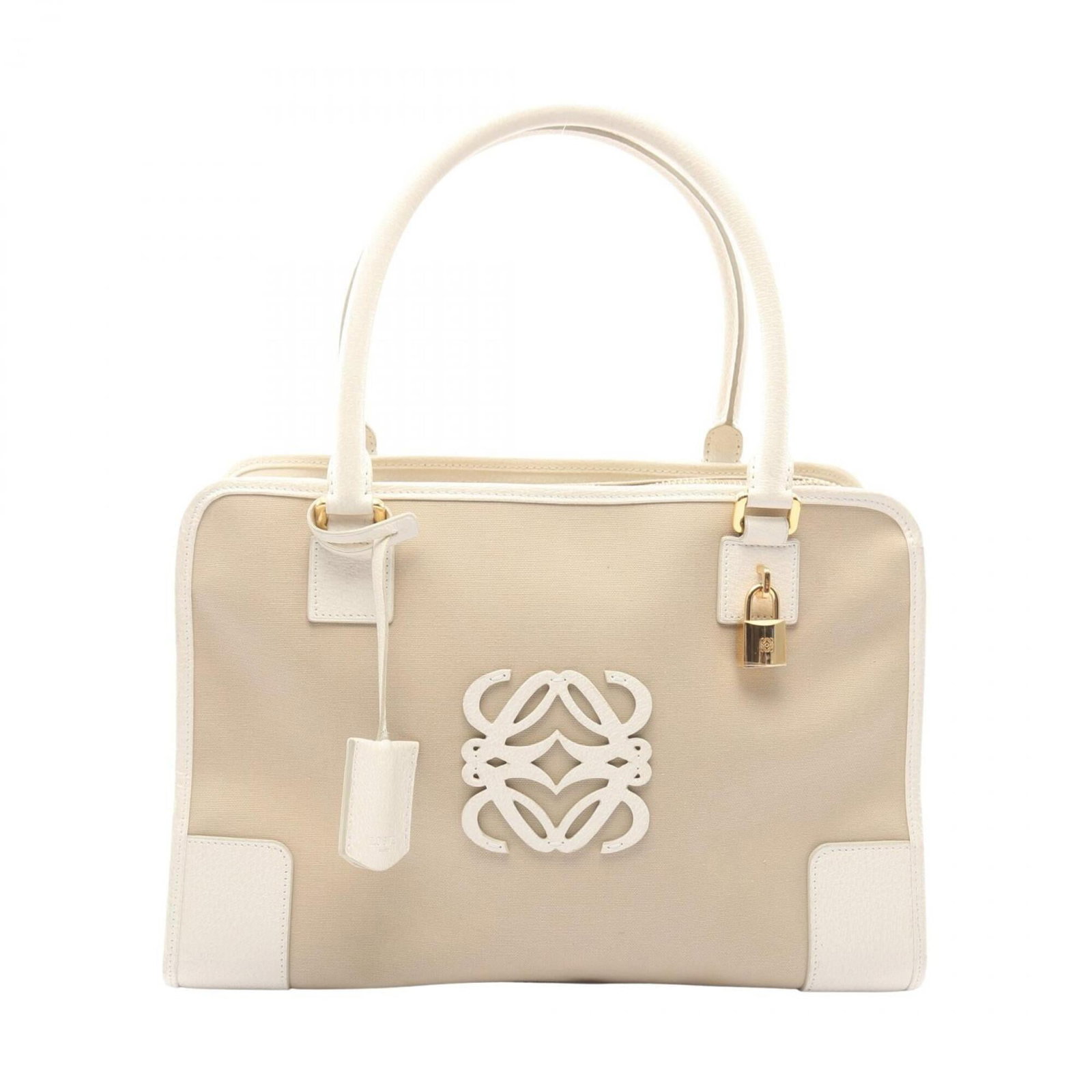 Canvas Leather Handbag Loewe: Canvas Leather Handbag Loewe Canvas Leather Handbag Loewe bears a signature, made from canvas and leather, in beige and white. Measuring 23cm x 35cm x 14cm, this handbag is a distinctive accessory.