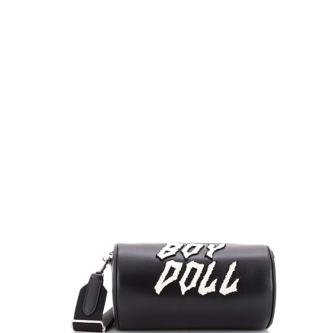 Cylinder Bag Leather Applique Shoulder: Cylinder Bag Leather Applique Shoulder Cylinder Bag Leather Applique Shoulder in Black features a sleek, structured design with a leather exterior and subtle applique accents. Measuring 5" tall, 8.5" 