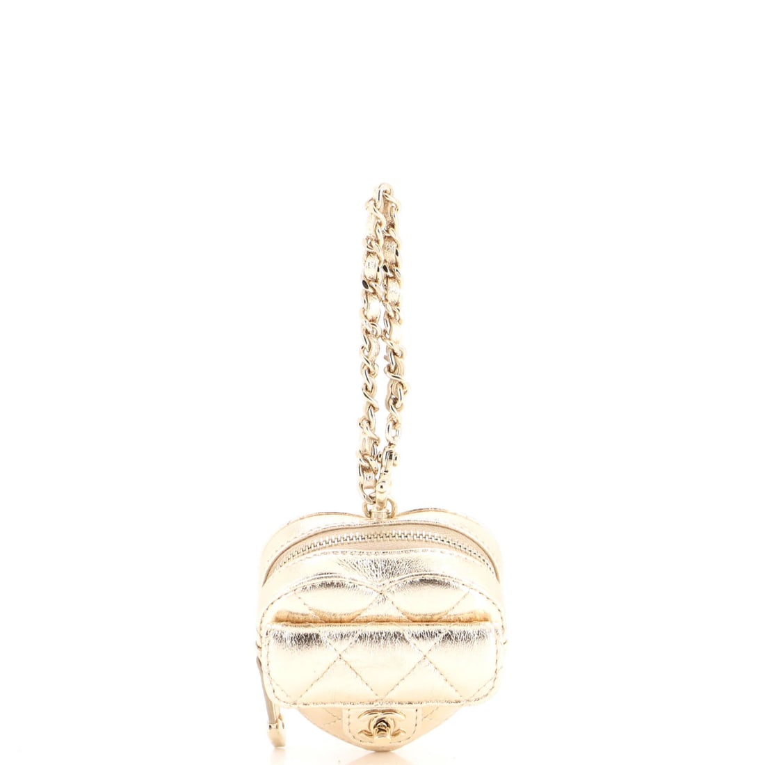Lambskin Quilted Charm Bag Heart Chanel: Lambskin Quilted Charm Bag Heart Chanel Gold Lambskin Quilted Charm Bag Heart Chanel measures 3" x 3" x 1.5" and features a quilted lambskin exterior with a gold tone. The interior is made of neutral