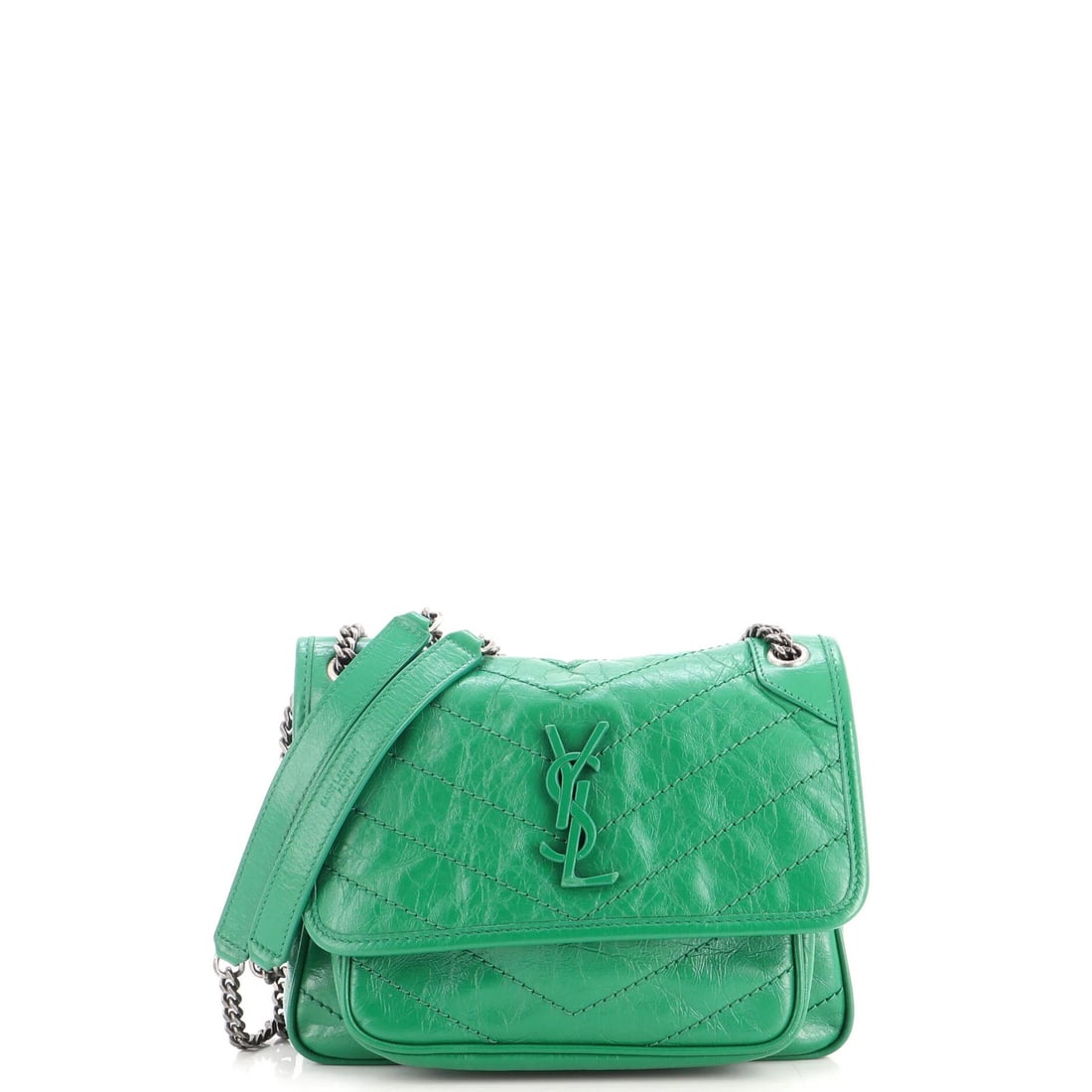 Matelasse Leather Baby Chevron Chain Niki Flap Bag Saint Laurent: Matelasse Leather Baby Chevron Chain Niki Flap Bag Saint Laurent Matelasse Leather Baby Chevron Chain Niki Flap Bag Saint Laurent - A stylish and unique shoulder bag featuring a striking green