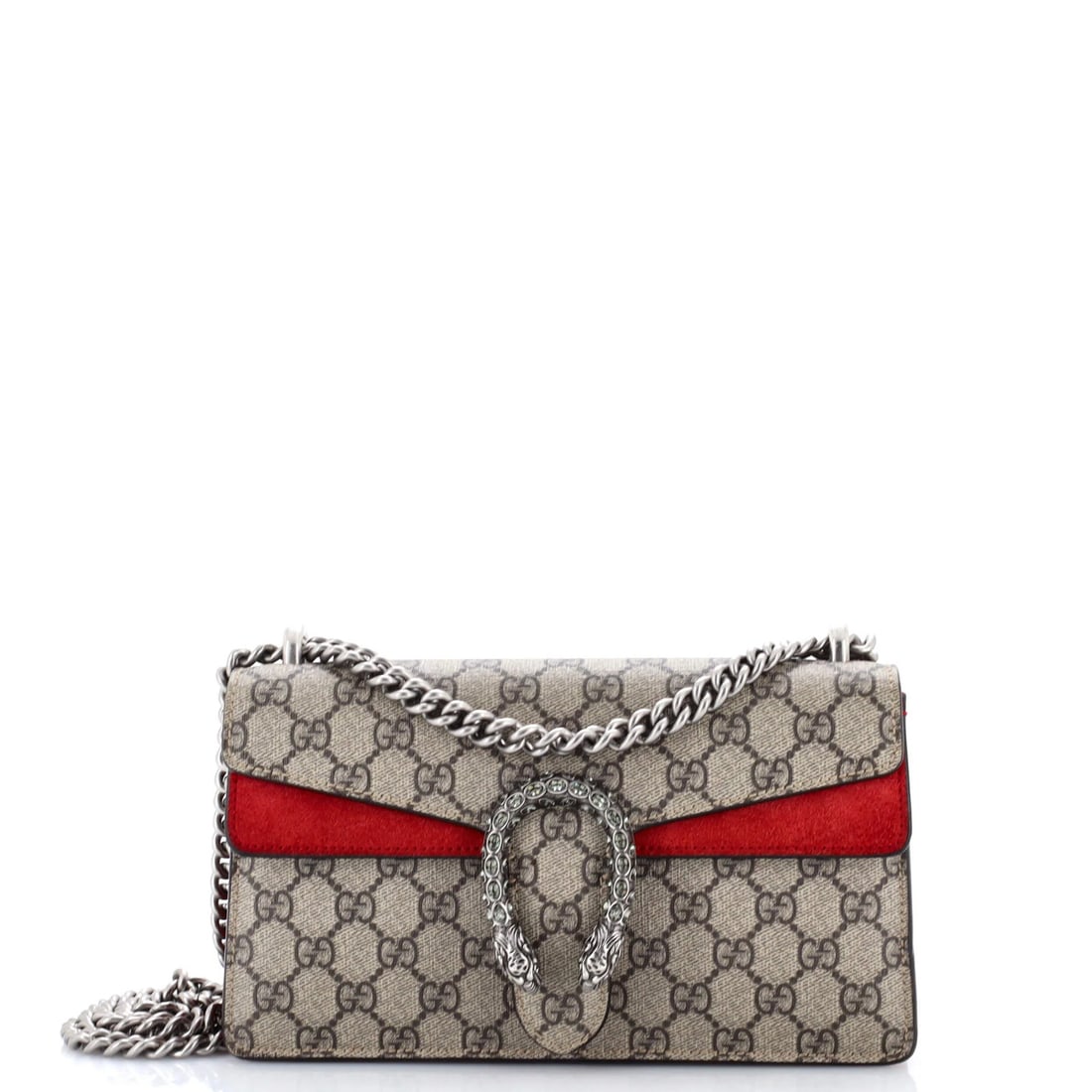 Gucci GG Coated Canvas Small Bag Dionysus Embellished with Crystal Metal: Gucci GG Coated Canvas Small Bag Dionysus Embellished with Crystal Metal The Gucci GG Coated Canvas Small Bag Dionysus is a stylish and eye-catching accessory, featuring a bold red exterior with GG