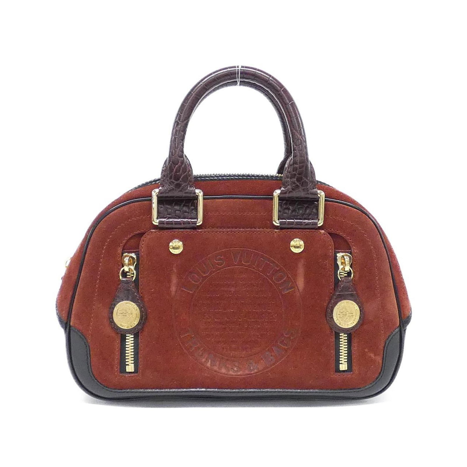 Handbag Suede Leather Louis: Handbag Suede Leather Louis Suede leather Louis Vuitton handbag with a rich brown, red-brown color and precise measurements, featuring calfskin material. The bag's compact size and classic design make