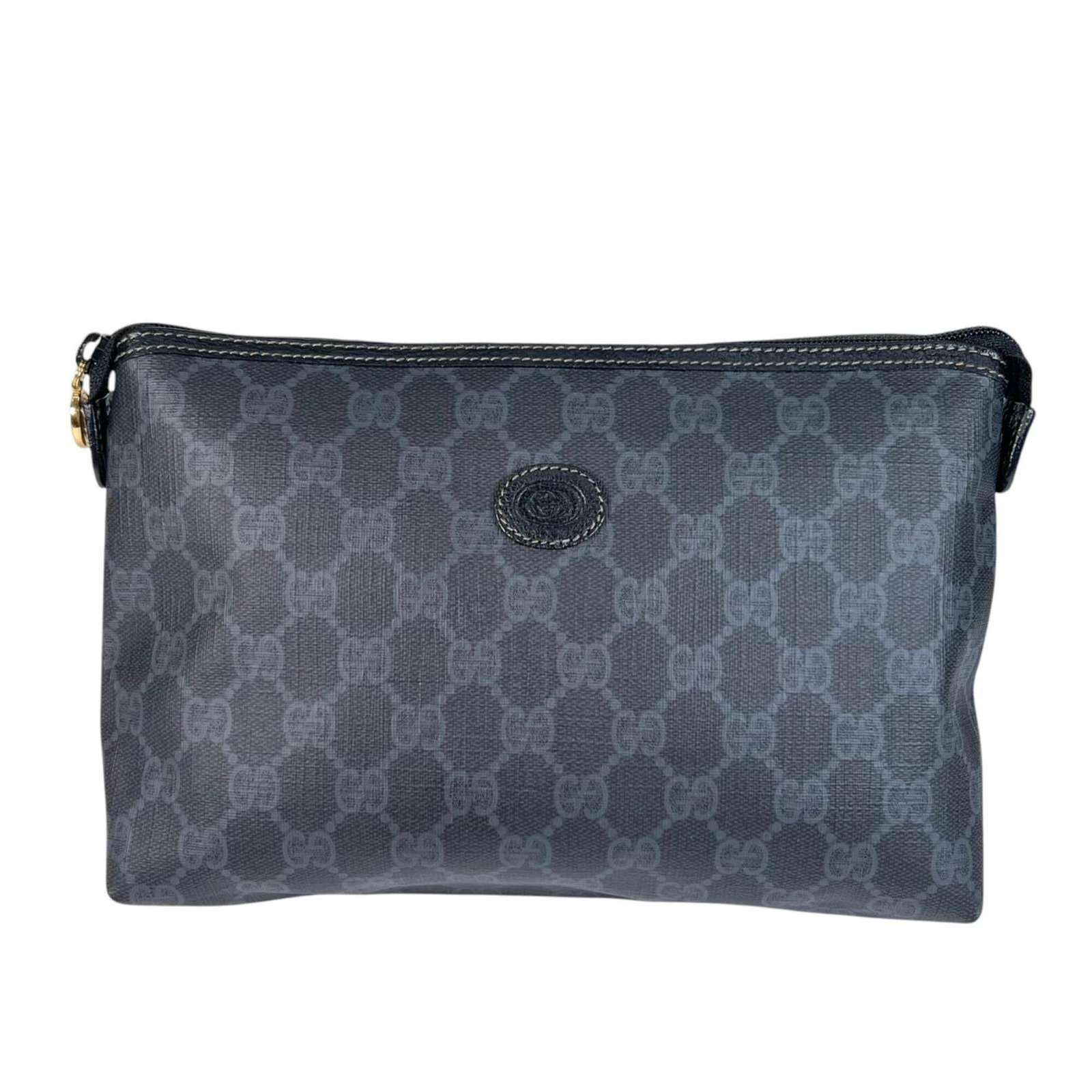 Gucci pouch clutch bag: Gucci pouch clutch bag The Gucci pouch clutch bag is a sleek and sophisticated accessory made from PVC, featuring a striking black and gray color combination. Measuring 16cm x 28cm x 7cm, this