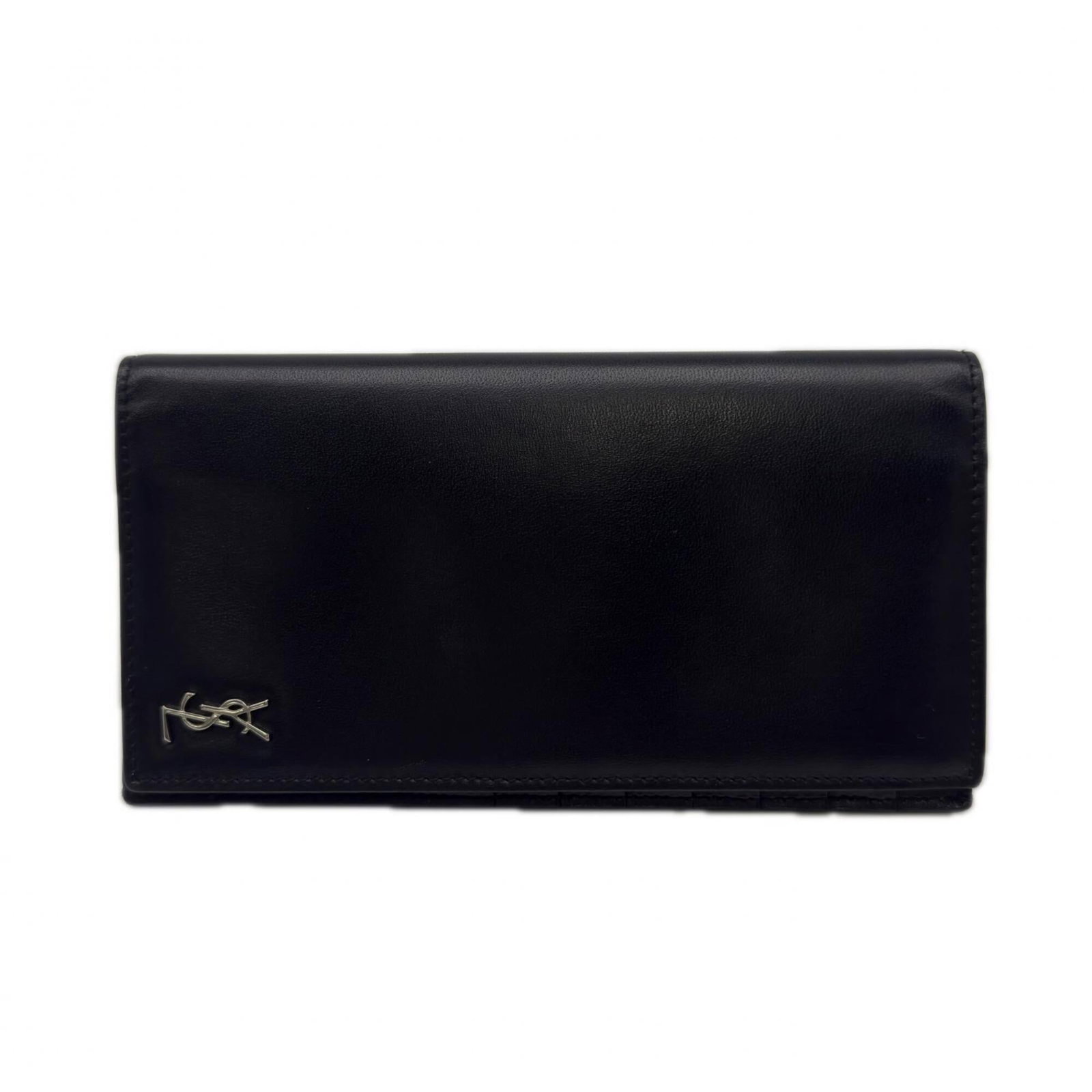 Yves Saint Laurent Long Wallet (Bi-Fold) Leather: Yves Saint Laurent Long Wallet (Bi-Fold) Leather Yves Saint Laurent's long bi-fold wallet is crafted from high-quality calfskin leather, featuring a sleek black design. The open closure and classic di