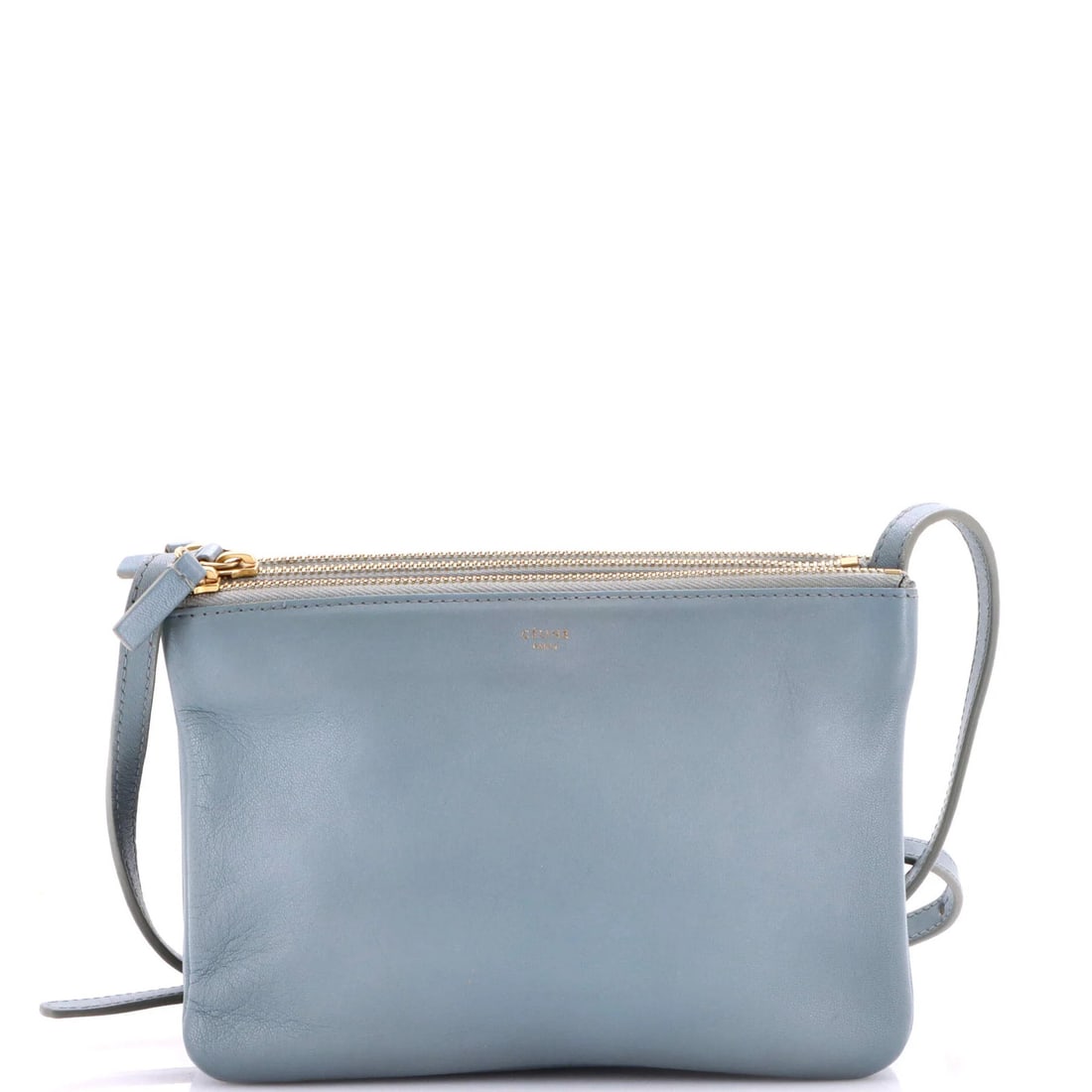Small Leather Crossbody Bag Trio Celine: Small Leather Crossbody Bag Trio Celine Gray leather small crossbody bag with gold hardware, featuring a trio design and a jersey interior. The bag has a small size, measuring 6" height, 8" width,