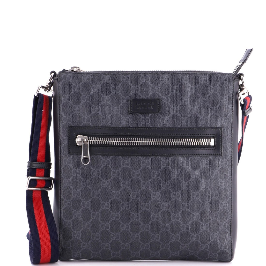 Gucci Web Strap Front Zip Canvas Medium Coated Messenger Bag GG: Gucci Web Strap Front Zip Canvas Medium Coated Messenger Bag GG Canvas Coated Gucci Web Strap Front Zip Messenger Bag in Black. This medium-sized messenger bag boasts a sleek web strap design and