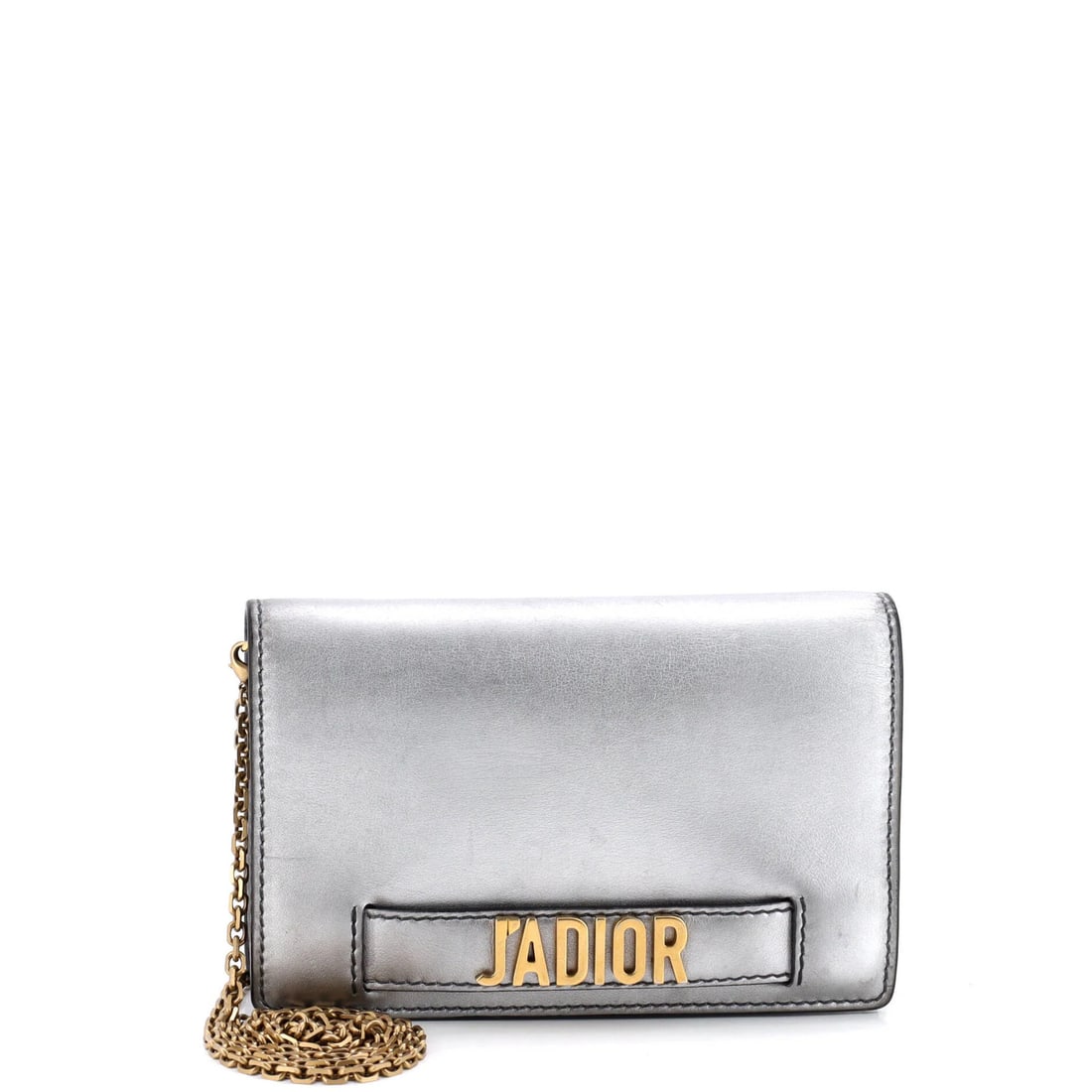 Christian Dior Wallet J Adior Leather Chain: Christian Dior Wallet J Adior Leather Chain The Christian Dior J'Adior Leather Chain wallet boasts a striking metallic exterior with a chain strap, perfect for adding a touch of luxury to any outfit.
