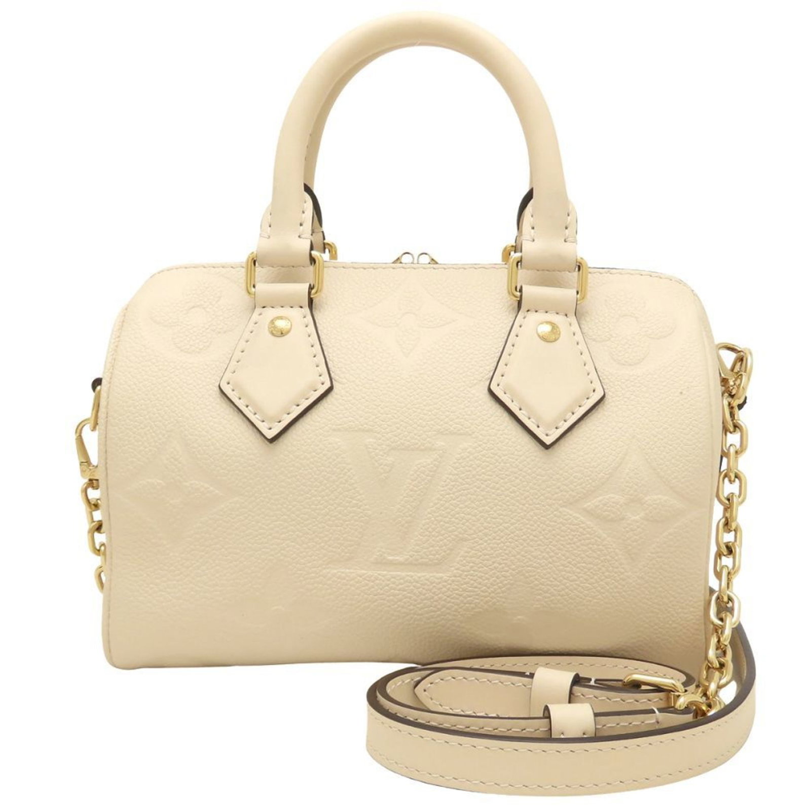 Handbag Louis Vuitton Monogram Empreinte: Handbag Louis Vuitton Monogram Empreinte The Louis Vuitton Monogram Empreinte handbag boasts a classic design with a timeless cream color, perfectly balanced by its sleek dimensions. Made from