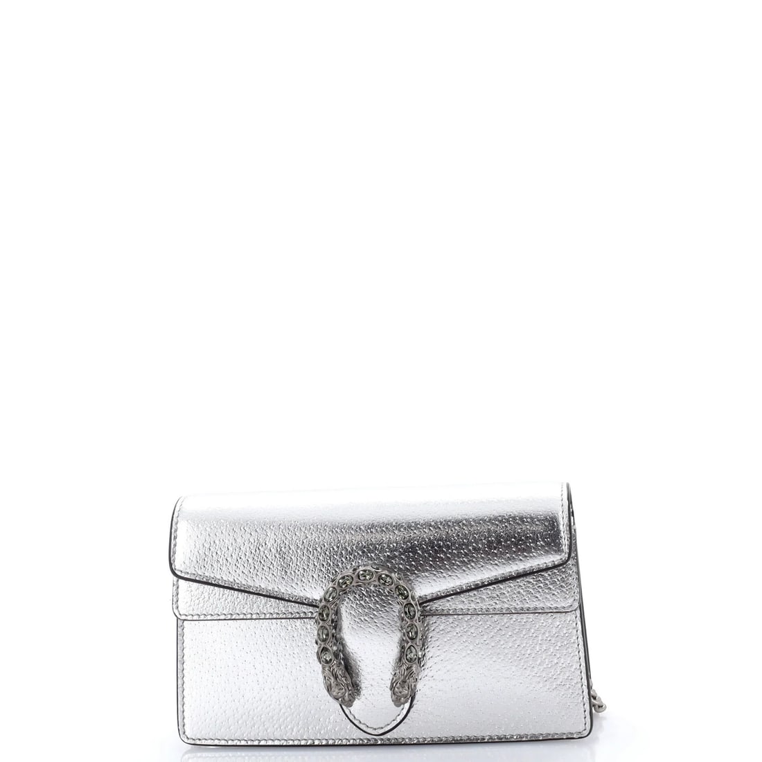 Super Mini Leather Bag Dionysus Gucci: Super Mini Leather Bag Dionysus Gucci Super Mini Dionysus Gucci Bag - A Compact, Crystal-Adorned Clutch. This metallic leather bag features a sleek design with crystal accents, measuring 4" in height,