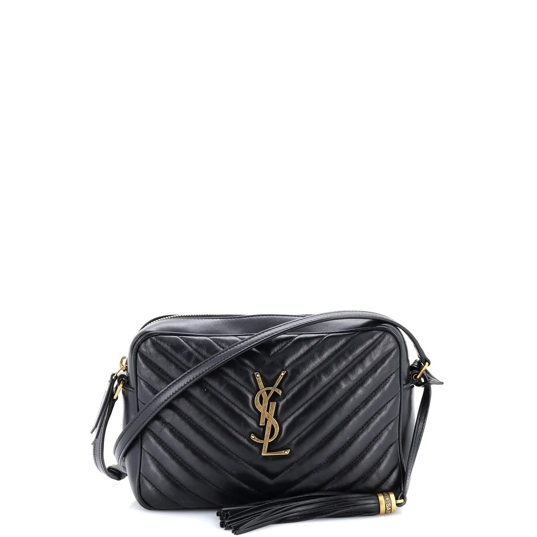 Matelasse Leather Chevron Bag Small Camera Lou Saint: Matelasse Leather Chevron Bag Small Camera Lou Saint Small Matelasse Leather Chevron Bag by Saint Laurent. This black leather cross body bag features a striking chevron pattern and gold hardware,