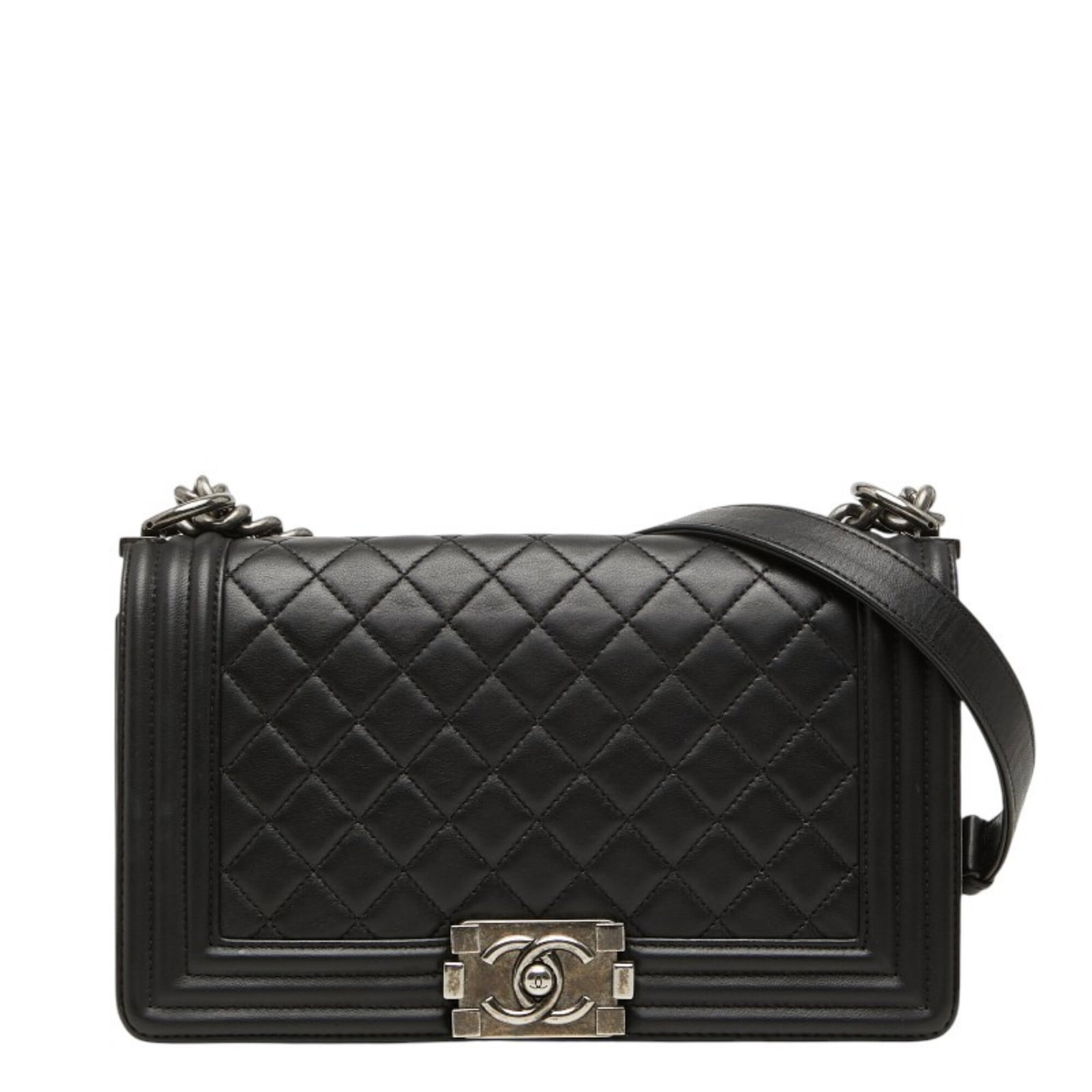 Shoulder Bag Leather Chanel: Shoulder Bag Leather Chanel Black lambskin leather shoulder bag from Chanel, measuring 15cm x 24.5cm x 7.5cm. This classic design features high-quality leather construction, perfect for everyday use.