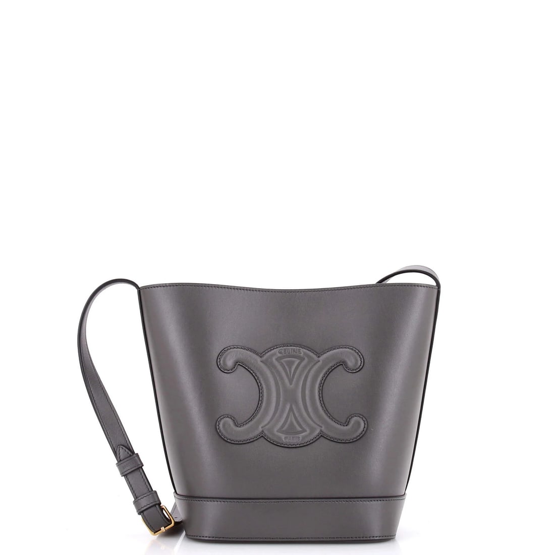 Cuir Triomphe Bag Leather Small Bucket: Cuir Triomphe Bag Leather Small Bucket The Celine Cuir Triomphe Small Bucket Bag is a sleek and sophisticated leather tote, boasting a timeless gray exterior and rich suede interior. With its classic 