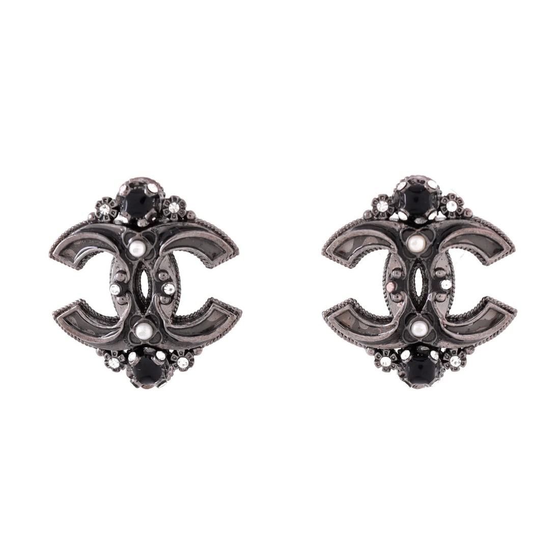 Metal with Faux Pearls Chanel Stud CC Earrings Crystals: Metal with Faux Pearls Chanel Stud CC Earrings Crystals Stunning Silver Chanel CC Stud Earrings with Faux Pearls and Crystals. This elegant pair features a sleek metal design with intricate details, a