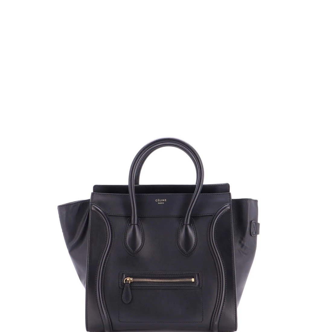 Luggage Bag Smooth Leather Mini Celine: Luggage Bag Smooth Leather Mini Celine Black leather mini Celine luggage bag with smooth exterior, featuring aged gold hardware and a classic design. The bag has a rich, worn look with heavy corner