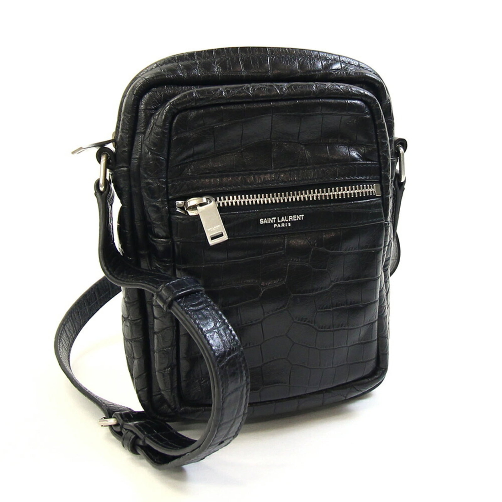 Laurent Saint Bag Leather Shoulder: Laurent Saint Bag Leather Shoulder Black embossed leather shoulder bag from Saint Laurent, measuring 20cm x 14cm x 6.5cm, with adjustable strap length of 130cm - 140cm. This sleek and stylish bag