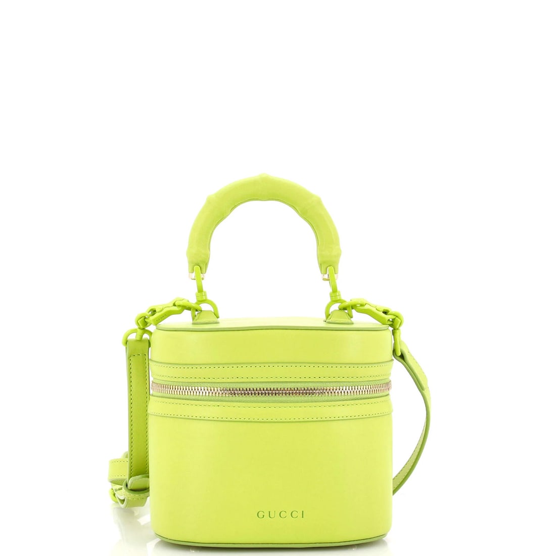 Bamboo Gucci Top Leather Vanity Handle Shoulder Mini Bag: Bamboo Gucci Top Leather Vanity Handle Shoulder Mini Bag Green leather mini shoulder bag with a bamboo top handle, featuring a classic Gucci design. The bag measures 5" tall, 6" wide, and 1.5" deep, w