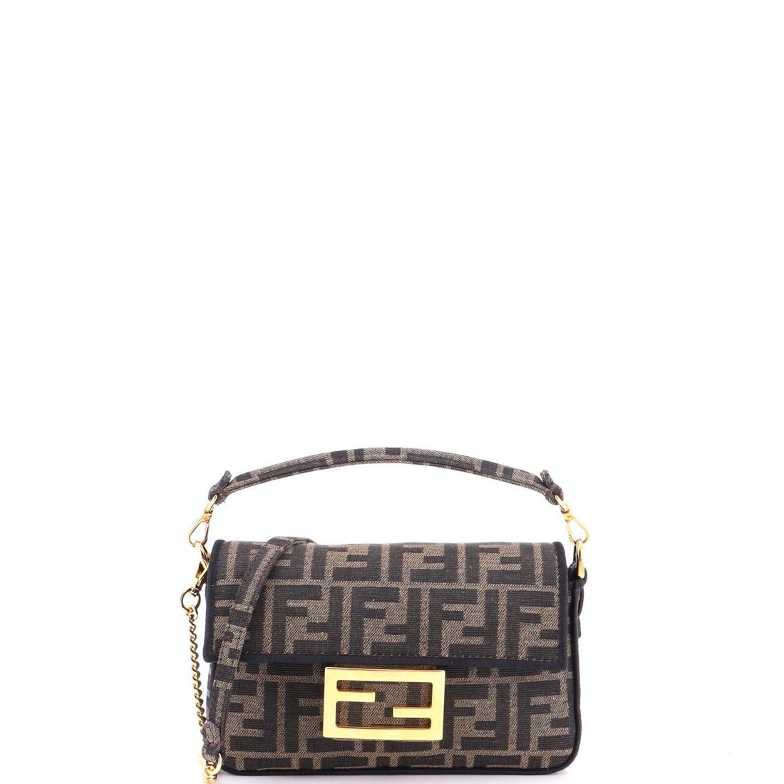 Fendi NM Bag Baguette Zucca Mini: Fendi NM Bag Baguette Zucca Mini The Fendi Baguette Zucca Mini is a stylish cross body bag with a canvas exterior in brown, featuring a gold hardware and a brown interior. This mini bag measures 4.5"