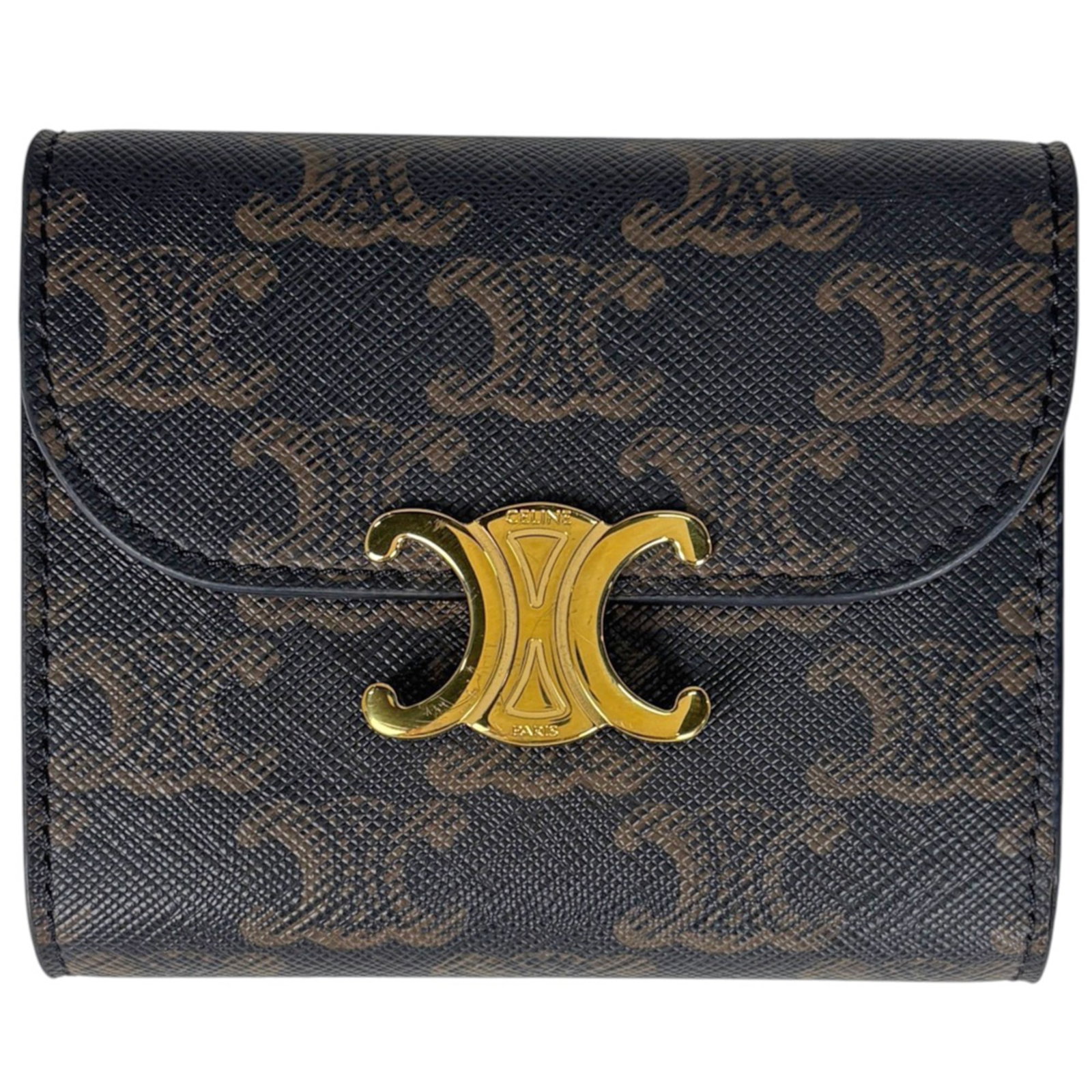 Celine Wallet (Tri-Fold) Coated Canvas Leather: Celine Wallet (Tri-Fold) Coated Canvas Leather Tri-fold wallet with coated canvas and leather construction, available in black and brown colors, features a sleek design that fits neatly in the hand. M