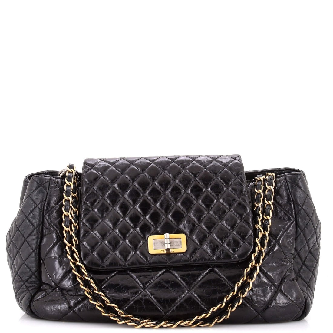 Quilted Flap Bag Accordion Reissue Chanel Calfskin Maxi: Quilted Flap Bag Accordion Reissue Chanel Calfskin Maxi Black quilted flap bag with accordion design, made from calfskin leather and featuring a neutral-colored interior. Measuring 13" wide and 8.5" t