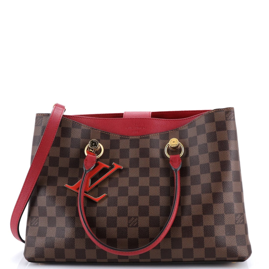 LV Damier Handbag Leather Louis Vuitton Riverside: LV Damier Handbag Leather Louis Vuitton Riverside Brown canvas coated Louis Vuitton Damier Riverside handbag with gold hardware, featuring a classic totes design and microfiber red interior. The bag