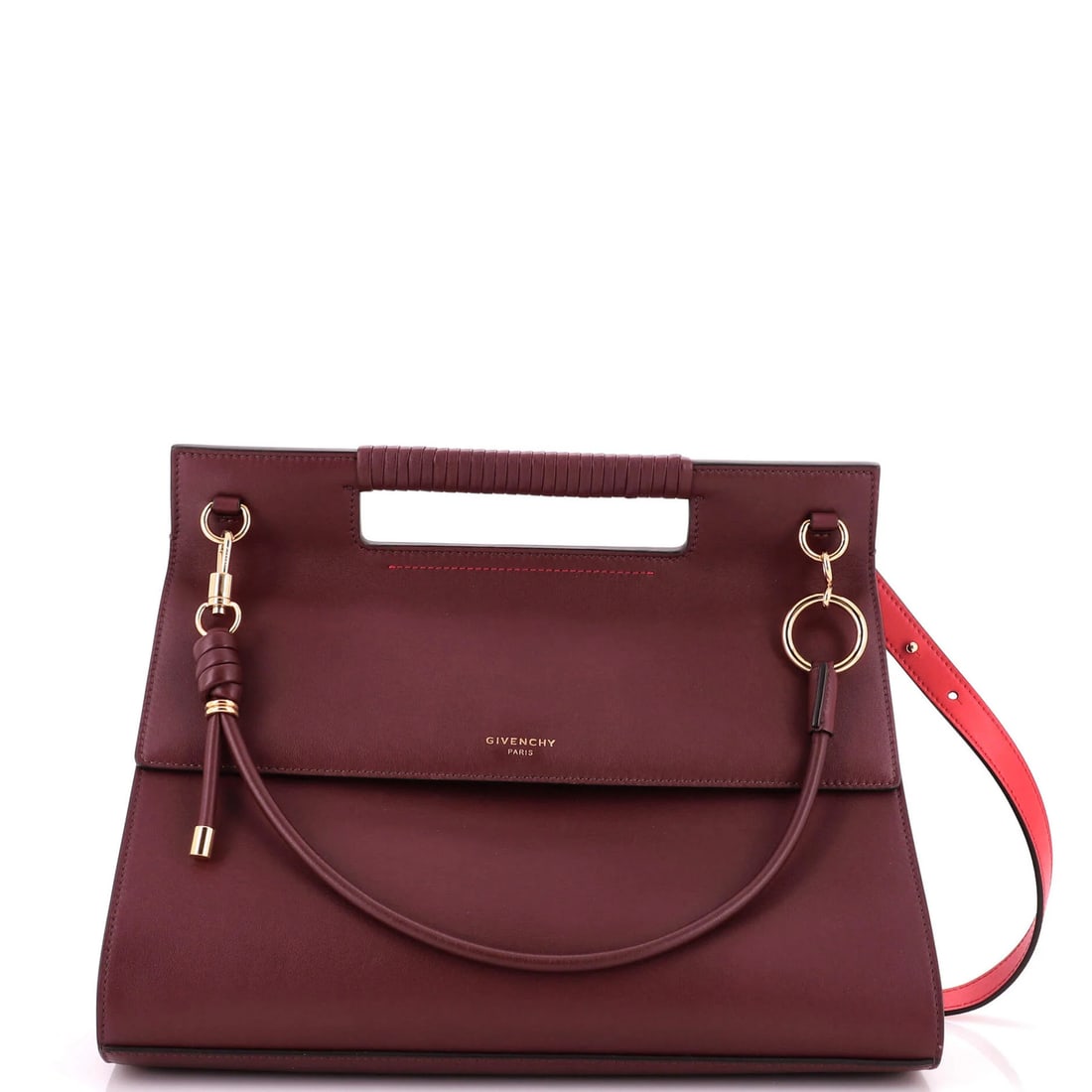 Shoulder Bag Large Leather Givenchy: Shoulder Bag Large Leather Givenchy Burgundy leather shoulder bag from Givenchy, featuring a large size and gold hardware. The exterior shows minor corner wear, creases, and scuffs, while the