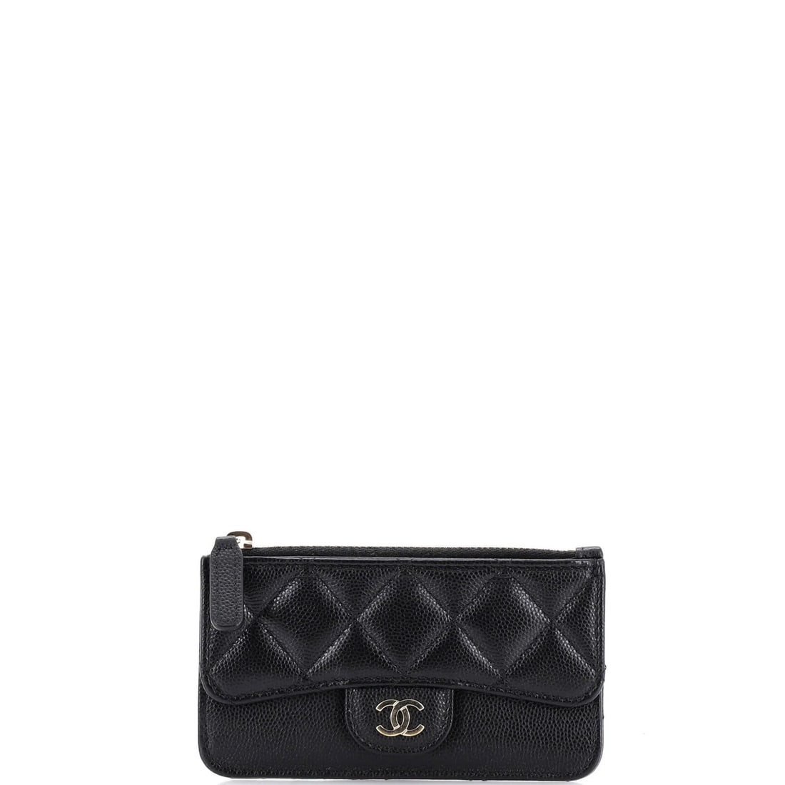 Zip Card Holder Quilted Chanel Caviar: Zip Card Holder Quilted Chanel Caviar Zip Card Holder Quilted Chanel Caviar is a black leather wallet with a quilted design and gold-tone hardware. The interior features a red fabric lining, and the e
