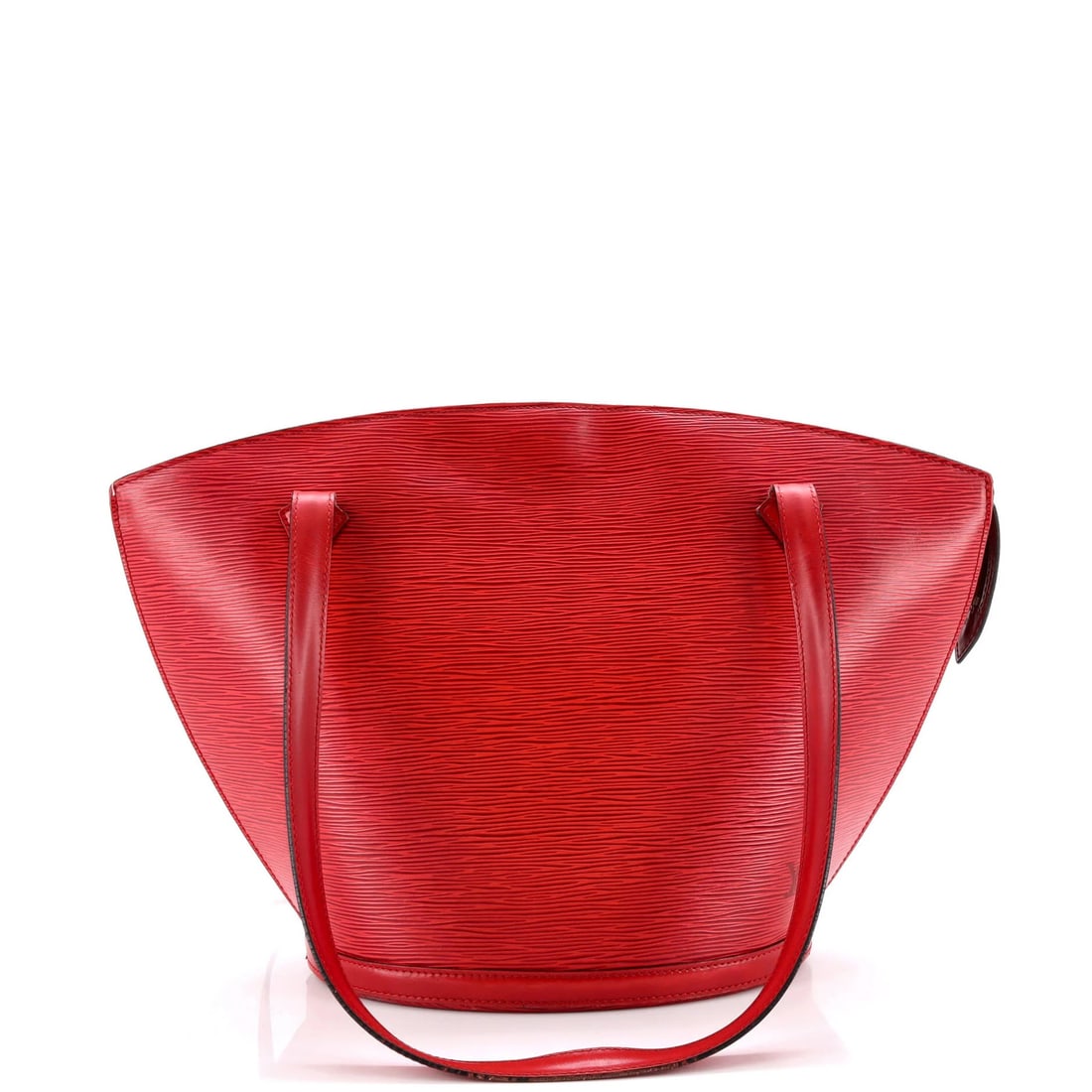 Saint Jacques Handbag Epi Leather PM Louis Vuitton: Saint Jacques Handbag Epi Leather PM Louis Vuitton Red Saint Jacques Handbag Epi Leather PM Louis Vuitton features scuffed, cracked, and worn exterior with gold hardware, measuring 9.5" tall and 10.5"