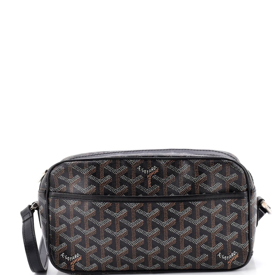 Goyard Cap Vert Bag Coated Canvas: Goyard Cap Vert Bag Coated Canvas Canvas Coated Goyard Cap Vert Bag in Black. This Goyard Cap Vert Bag features a canvas coated exterior in black, with a yellow interior and silver hardware. The bag
