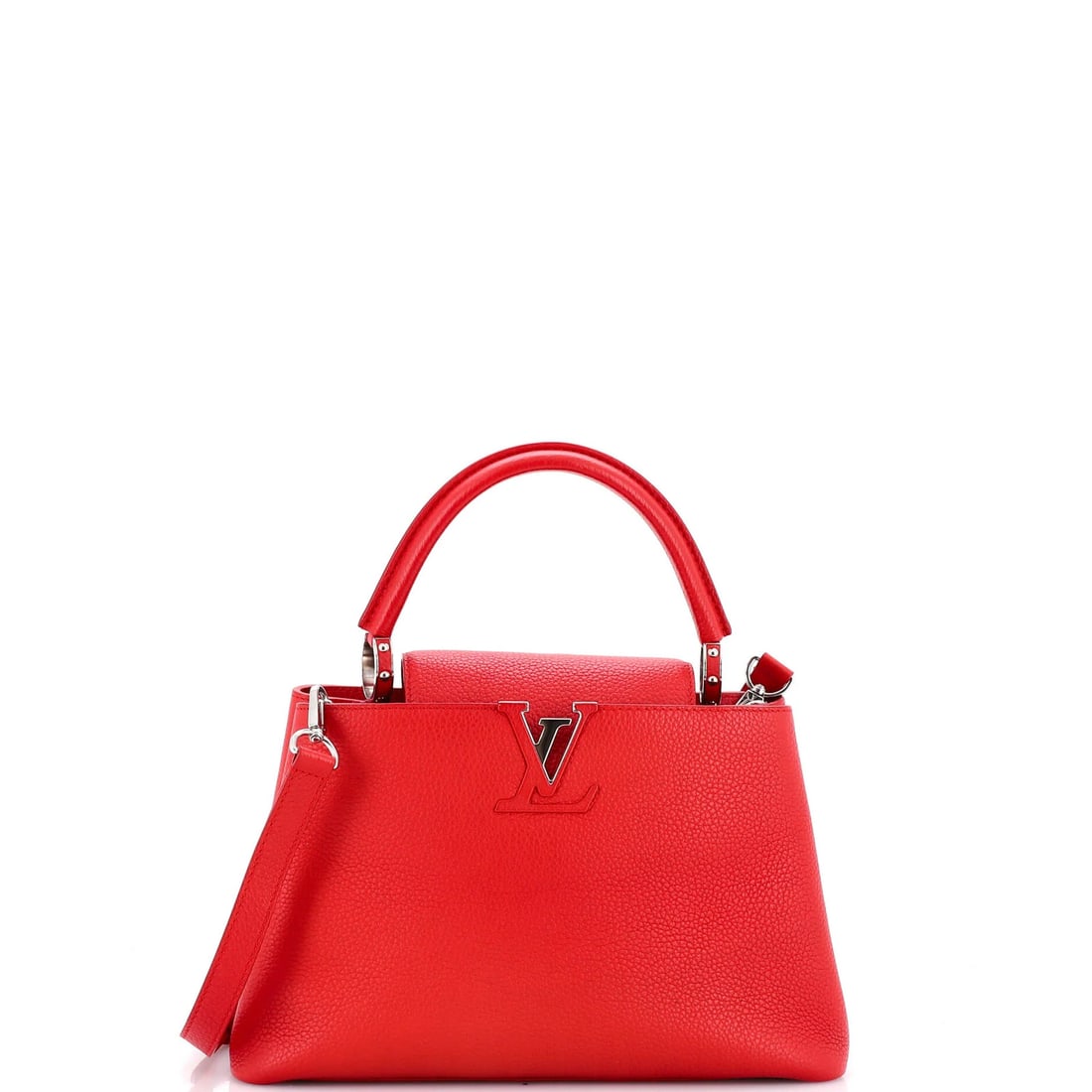 Louis Vuitton PM Leather Capucines Bag: Louis Vuitton PM Leather Capucines Bag Red Louis Vuitton PM Leather Capucines Bag with scuffs, cracking, edge wear, corner wear, and minor creases. This bag features a classic top handle design, measu