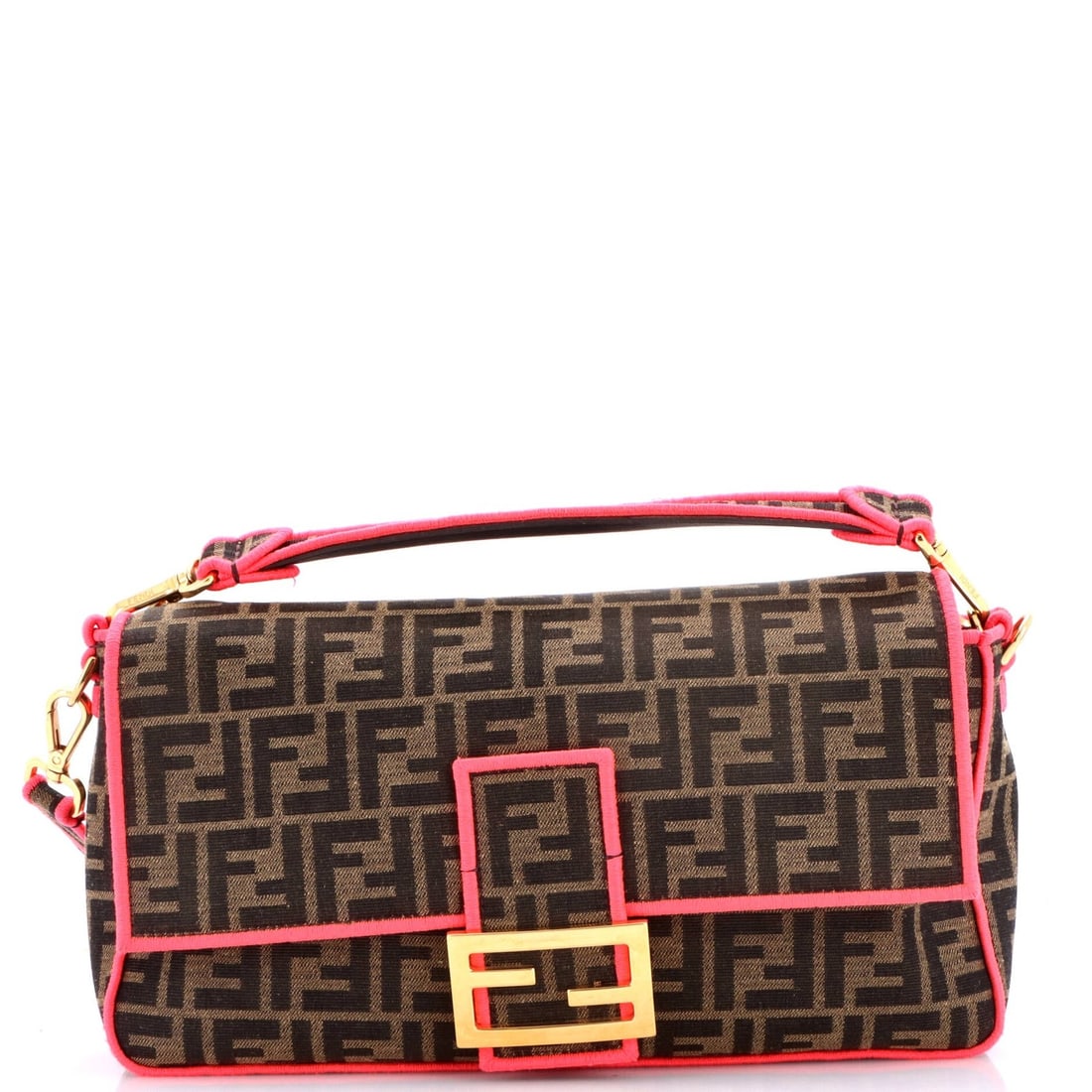 Zucca Canvas Large Bag Fendi NM Bag: Zucca Canvas Large Bag Fendi NM Bag Zucca Canvas Large Bag by Fendi features a striking pink exterior made from high-quality canvas, complemented by a black interior and gold hardware. This large