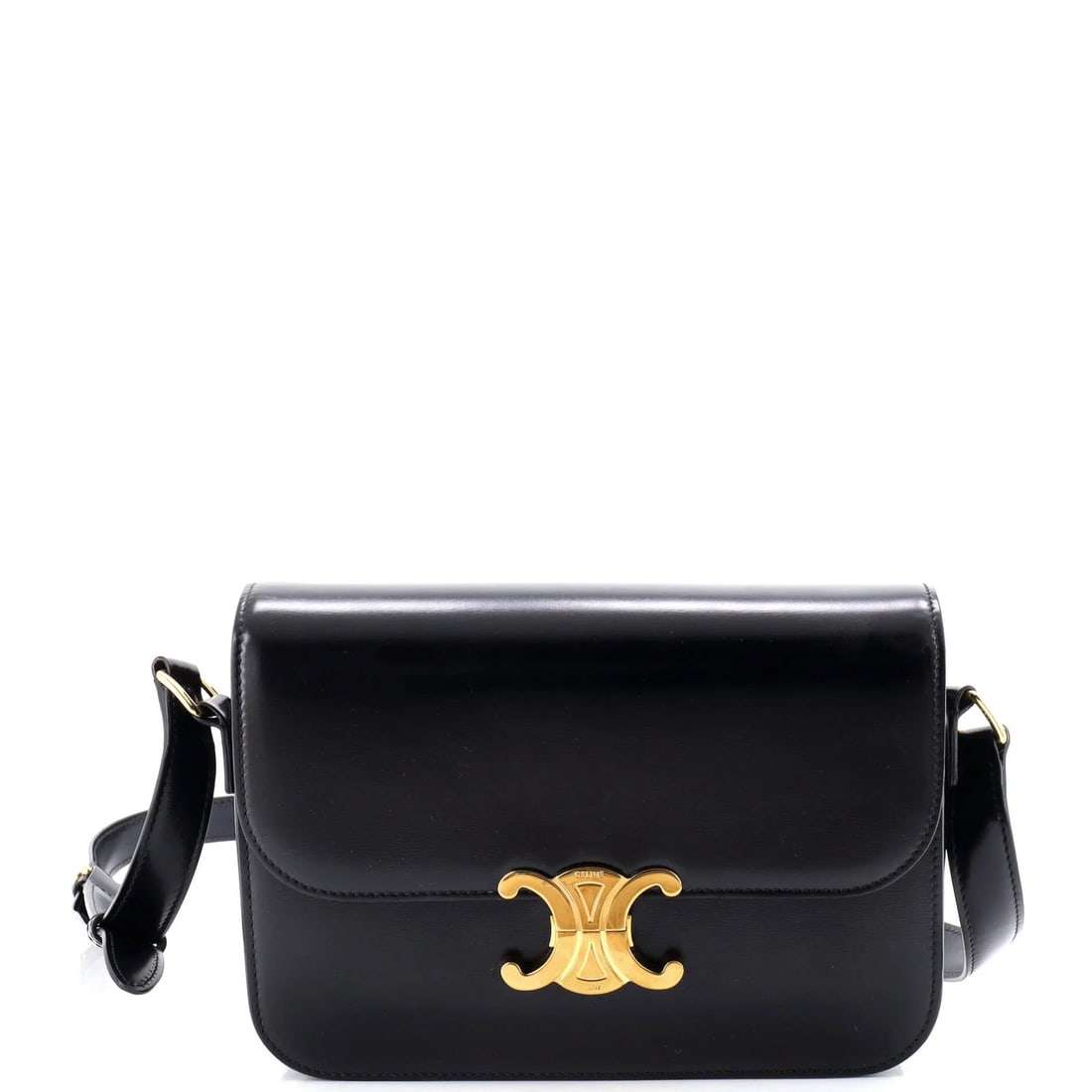Calfskin Shoulder Bag Smooth Medium Triomphe Celine: Calfskin Shoulder Bag Smooth Medium Triomphe Celine Smooth and sleek, this Medium Triomphe Celine shoulder bag boasts a classic black exterior made from high-quality calfskin leather. The bag's clean