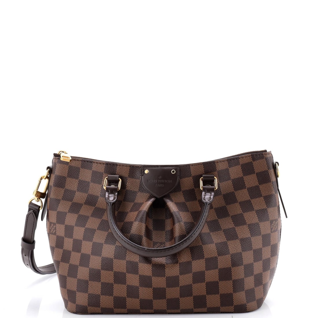Handbag Damier Louis Vuitton Siena: Handbag Damier Louis Vuitton Siena Brown canvas coated Louis Vuitton Siena handbag with Damier PM pattern, featuring a classic satchel style and gold hardware. The bag has minor scuffs and creases,