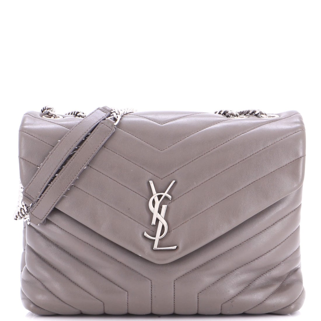 Saint Laurent Loulou Shoulder Bag Matelasse Chevron Leather Large: Saint Laurent Loulou Shoulder Bag Matelasse Chevron Leather Large Gray leather Saint Laurent Loulou Shoulder Bag with matelasse chevron design, featuring a large size and silver hardware. The bag has