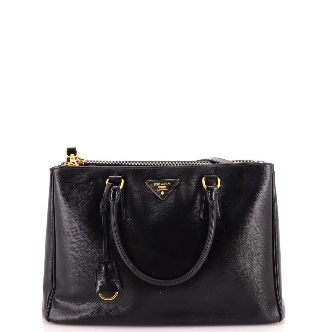 Saffiano Leather Lux Prada Double Medium Tote Zip: Saffiano Leather Lux Prada Double Medium Tote Zip Saffiano Leather Lux Prada Double Medium Tote Zip is a classic, black medium tote with a luxurious Saffiano leather exterior and gold hardware. This