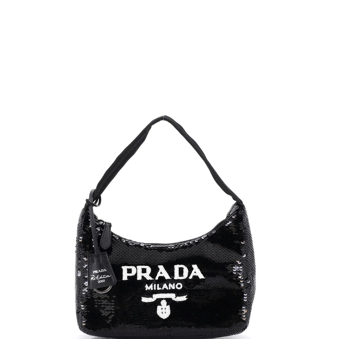 Mini Hobo Sequins Re Edition Prada 2000: Mini Hobo Sequins Re Edition Prada 2000 Mini Hobo Sequins Re Edition Prada 2000 is a miniature version of the iconic Prada Hobo bag, featuring a striking black sequin exterior and matching interior.