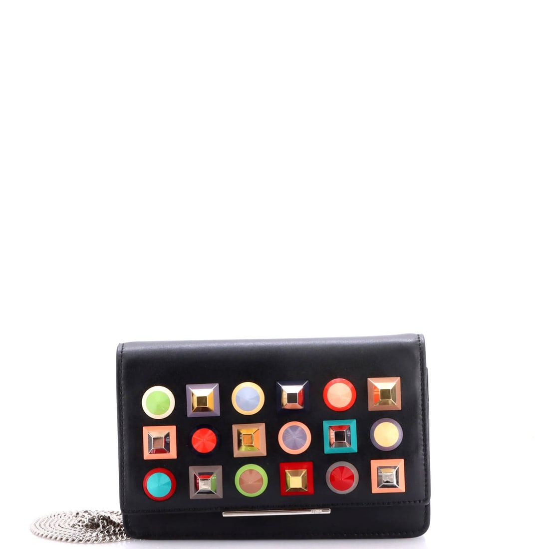 Chain On Leather Studded Tube Wallet Fendi: Chain On Leather Studded Tube Wallet Fendi Black Fendi leather tube wallet on chain studded with silver hardware, featuring a cross body design with a 22.5" strap drop. The exterior shows minor scuffs