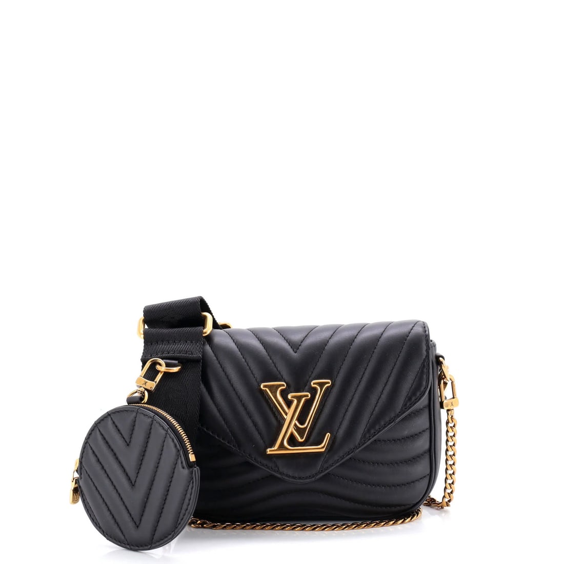 Vuitton Multi Leather Pochette Quilted New Louis: Vuitton Multi Leather Pochette Quilted New Louis This Louis Vuitton Multi Leather Pochette Quilted New Wave is a stylish cross body bag with a chain strap, featuring a black quilted leather exterior